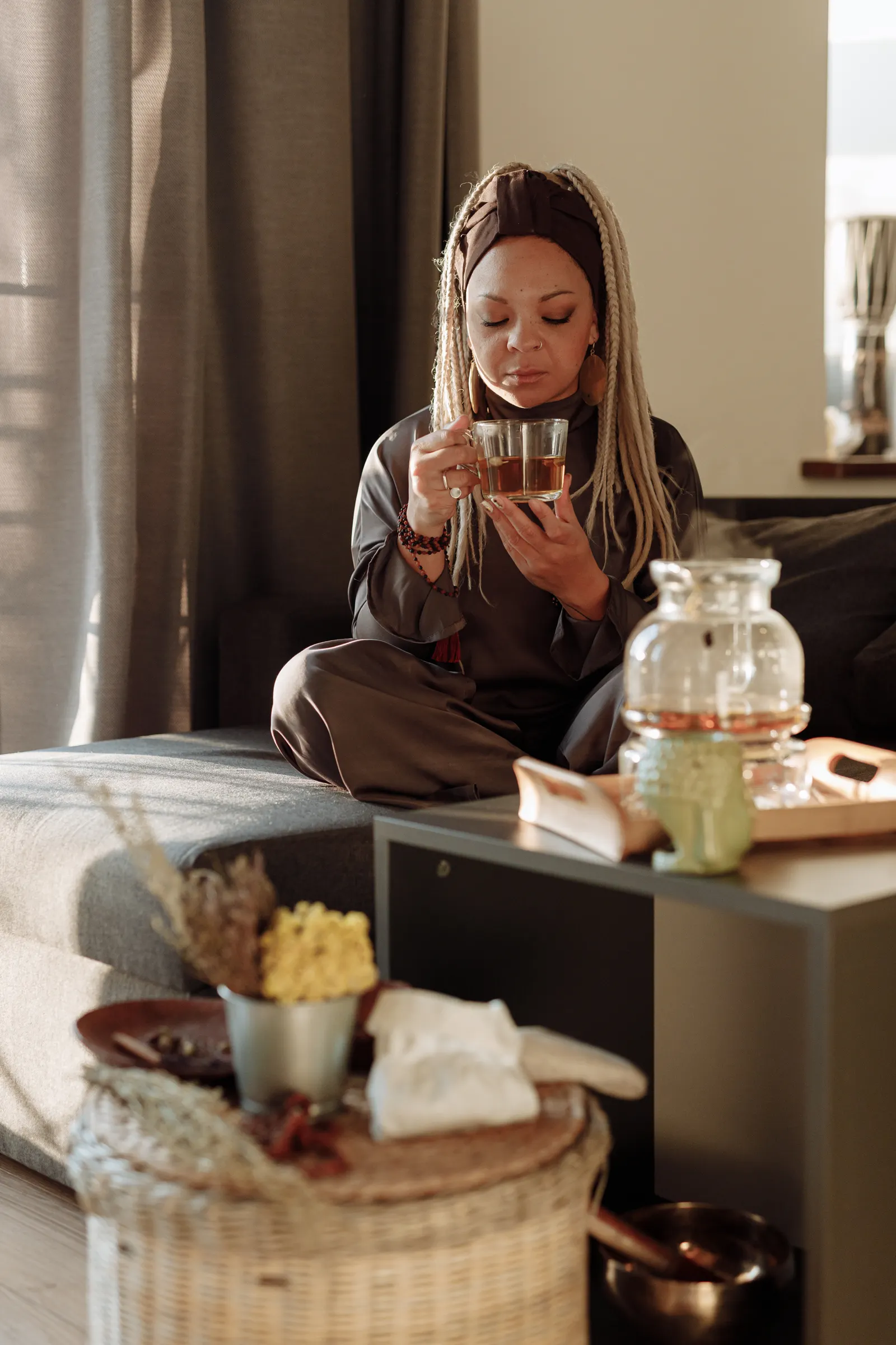 A calm moment of wellness with warm tea in a peaceful space
